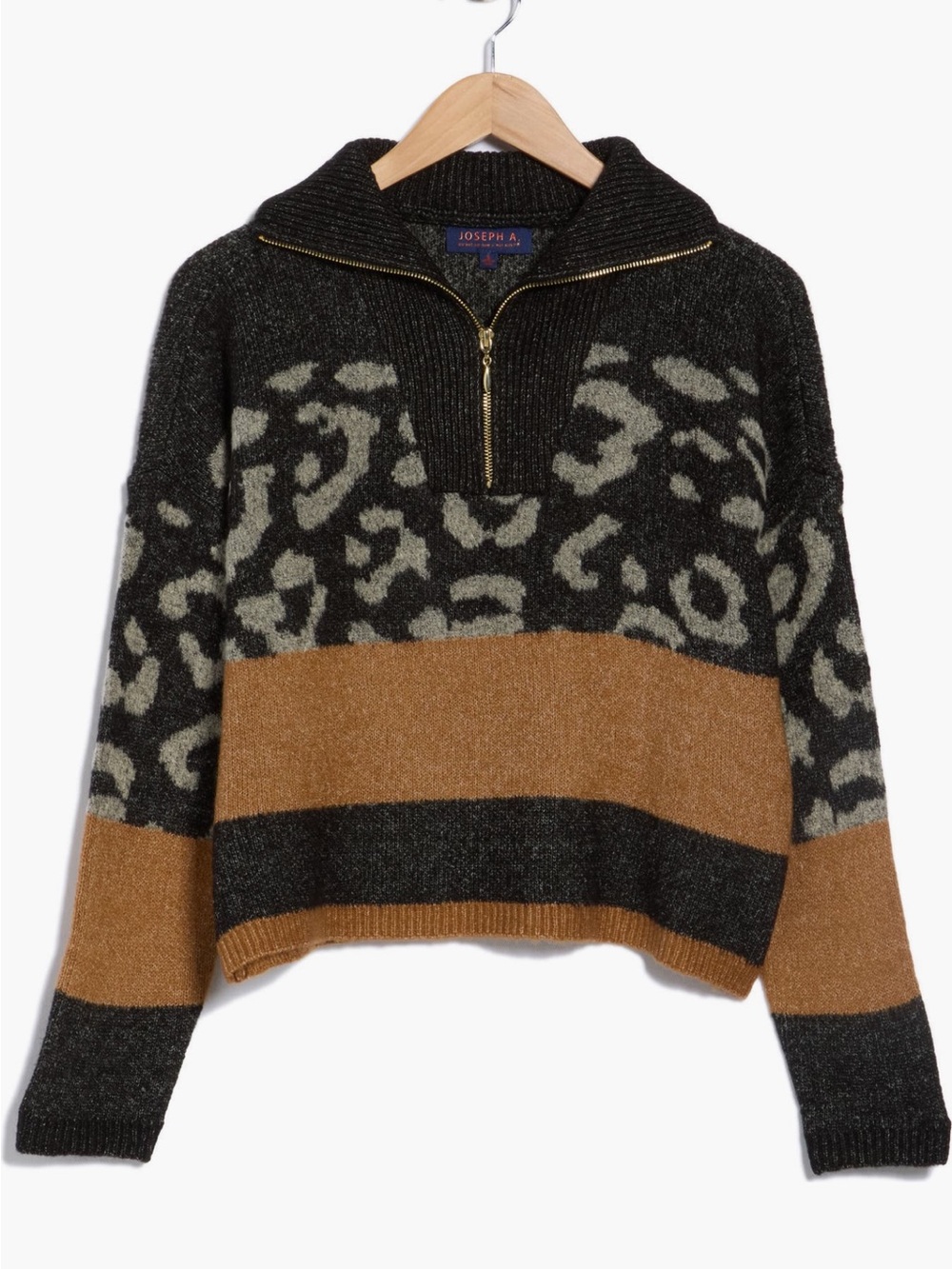 NWT Joseph A. Black, Camel & Gray Leopard-Stripe Half-Zip Sweater